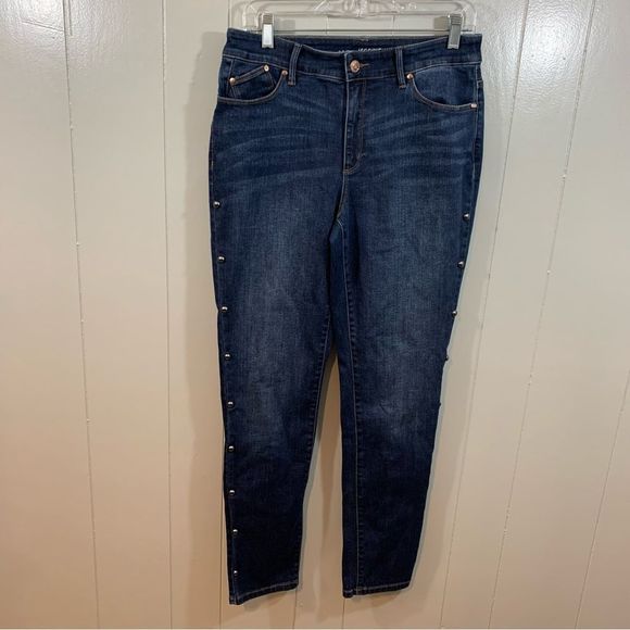 Chico's The Platinum Jegging Dark Blue Studded High Rise Skinny Jeans 6 S 0.5 - Picture 1 of 9